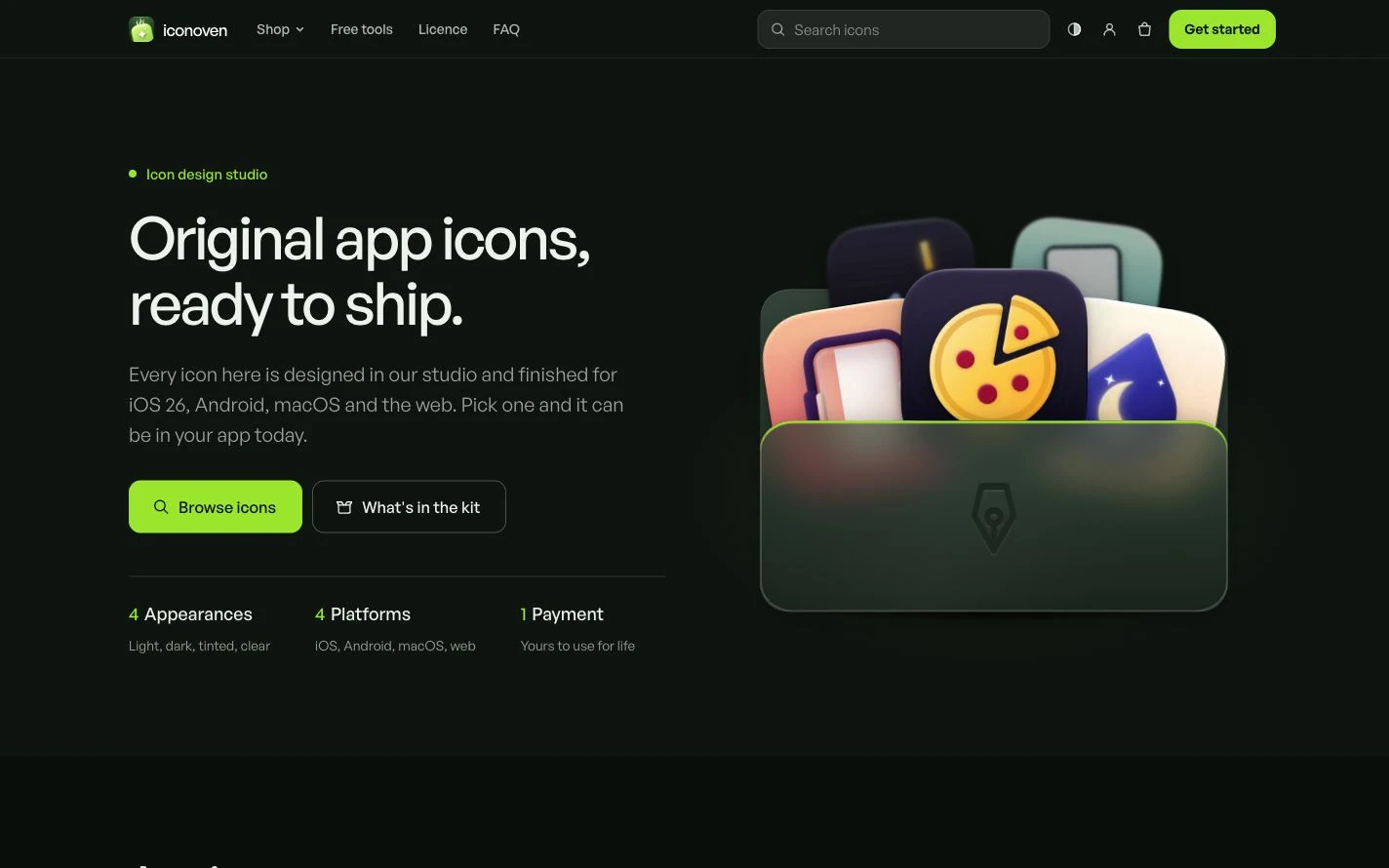IconOven's dark homepage on MockCam's tilted screenshot card